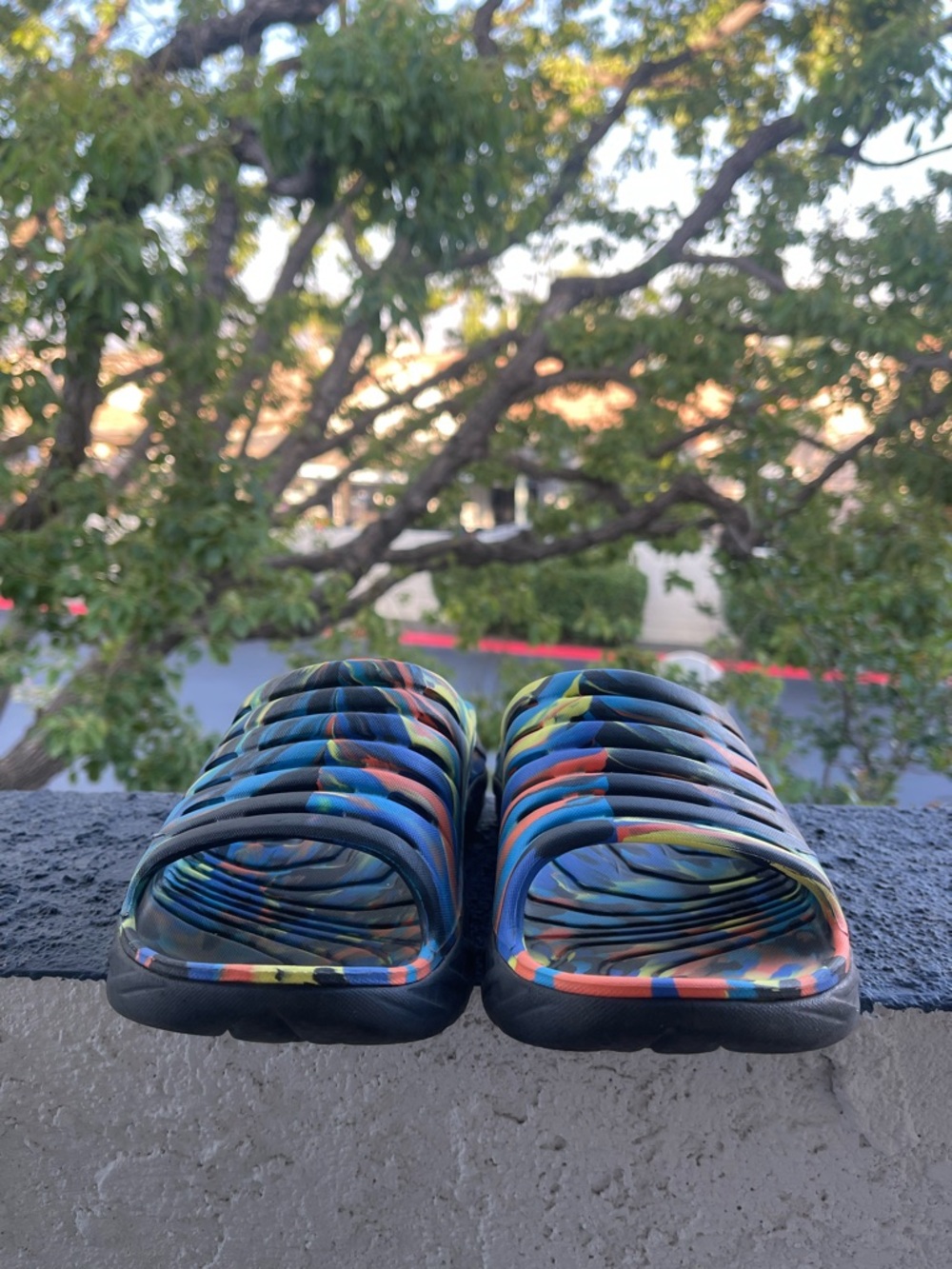 Hoka One One Multicolor Striped Slide Sandals (Blue, Orange, Yellow, Green)